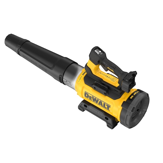 Yellow and black DEWALT cordless blower with brushless motor and handle, shown on a white background.