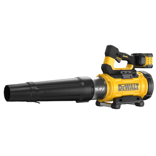 DEWALT cordless blower with 54V battery and brushless motor in yellow and black, designed for outdoor use.