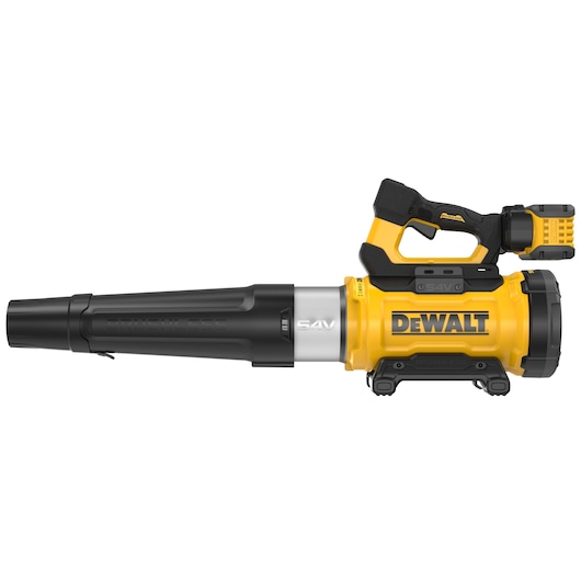 Yellow DEWALT 54V cordless blower, handheld tool with black nozzle and battery, side view on white background.