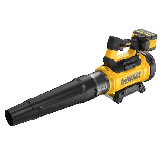 Yellow and black DEWALT cordless leaf blower with brushless motor and battery pack, shown against a white background.