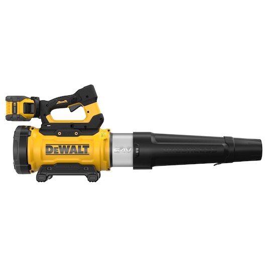 DEWALT cordless blower in yellow and black with 54V battery, shown from the side against a white background.