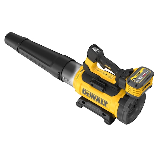 DEWALT cordless leaf blower with 54V XR battery, yellow and black, brushless motor design.