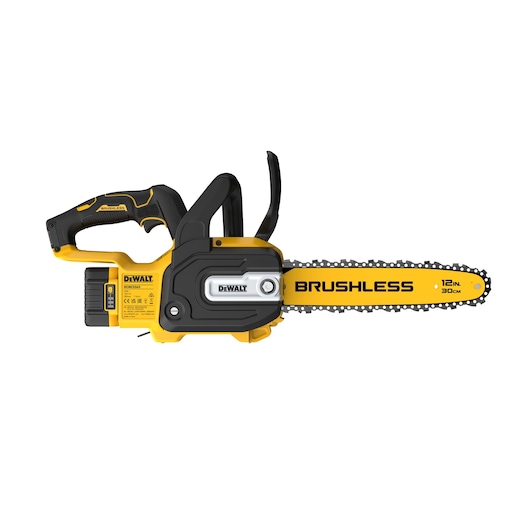 DEWALT cordless brushless chainsaw with a 12-inch (30 cm) bar, shown from the side with yellow and black design.