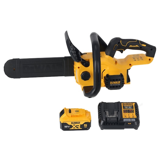 A DEWALT cordless chainsaw with a protective cover over the blade, accompanied by an 18V XR lithium-ion battery and a battery charger, all displayed on a white background.
