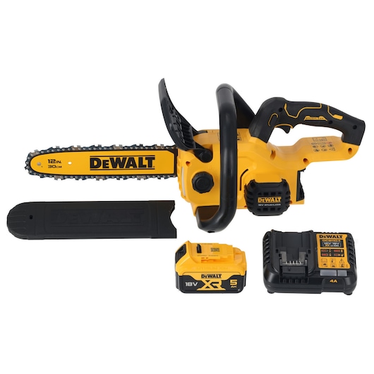 A DEWALT cordless chainsaw kit, model DCMCS565P1, featuring a yellow and black 12-inch (30cm) chainsaw, an 18V XR 5.0Ah lithium-ion battery, a battery charger, and a black blade cover, all displayed against a white background.