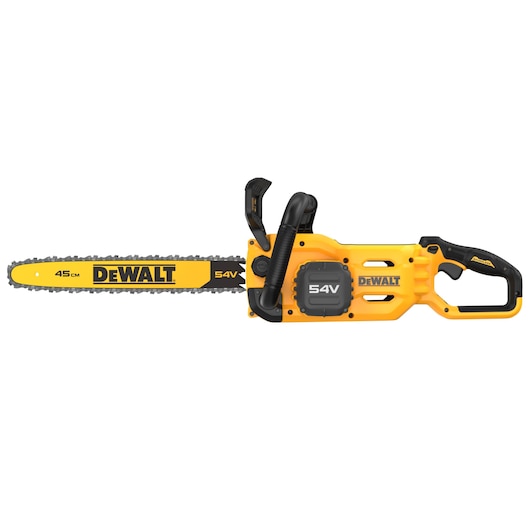 A yellow and black DEWALT cordless chainsaw with a 45 cm blade and 54V battery, model DCMCS574N, shown against a white background.