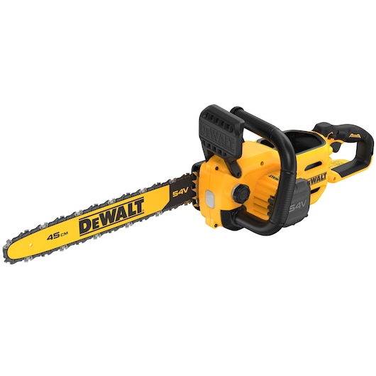 A yellow and black DEWALT 54V cordless chainsaw with a 45 cm bar, shown from a side angle on a white background.