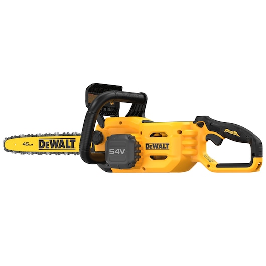 DEWALT 54V cordless chainsaw with a 45 cm bar, shown in yellow and black. The side view highlights the DEWALT branding and ergonomic handle design.