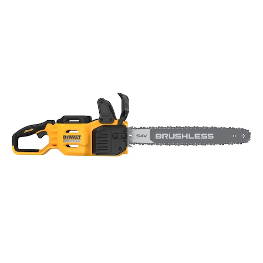 A DEWALT 54V brushless cordless chainsaw, featuring a yellow and black body with a gray guide bar and chain.