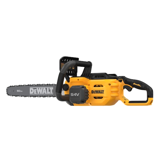 A yellow and black DEWALT 54V cordless chainsaw with a 50 cm bar, featuring ergonomic handles and visible DEWALT branding.