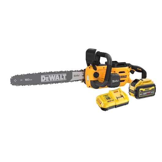 DEWALT 54V cordless chainsaw with battery and charger set displayed on a white background.