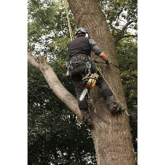 A person wearing safety gear climbs a tree with a DEWALT chainsaw attached to their harness, surrounded by green foliage.