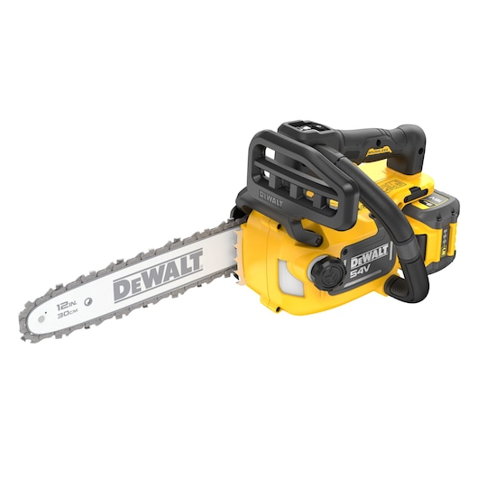 A yellow and black DEWALT 54V cordless chainsaw with a 30cm (12 inch) blade, shown on a white background.