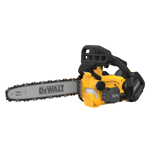 DEWALT 54V cordless chainsaw with 14-inch bar, yellow and black design, side view.