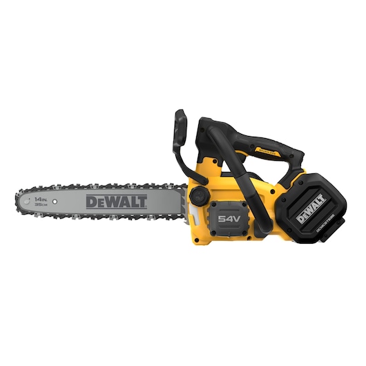 DEWALT 54V cordless chainsaw with a 14-inch blade, black and yellow design, side view.