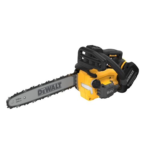 DEWALT 54V cordless chainsaw with 14-inch blade, black and yellow design, shown on white background.