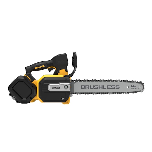 DEWALT cordless brushless chainsaw with a 14-inch blade, shown in profile with yellow and black details.