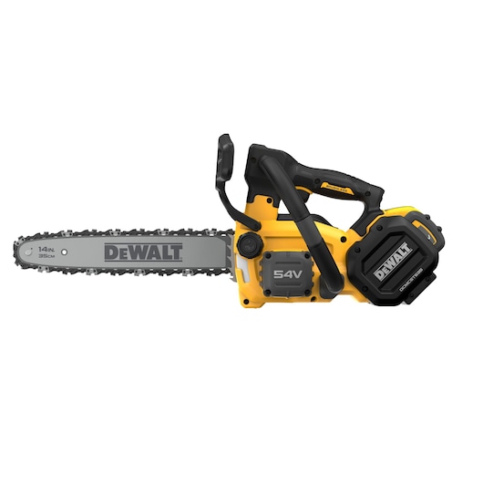 DEWALT cordless chainsaw with 54V battery and 14-inch bar, yellow and black design, side view.