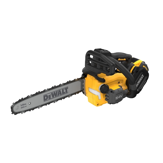 DEWALT 54V cordless chainsaw, yellow and black, with 14-inch bar and visible battery pack.