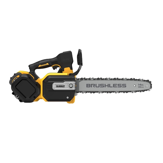 DEWALT cordless brushless chainsaw with 14-inch bar, black and yellow design, photographed on white background.