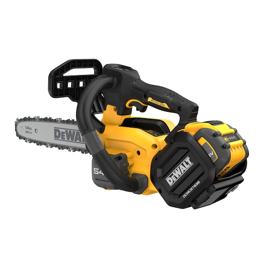DEWALT cordless chainsaw with yellow body, black handle, and 14-inch blade, shown on a white background.
