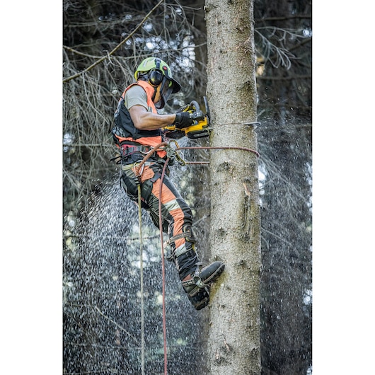 A person wearing safety gear and a helmet is using a DEWALT chainsaw while climbing a tree in a forest. Sawdust is flying as