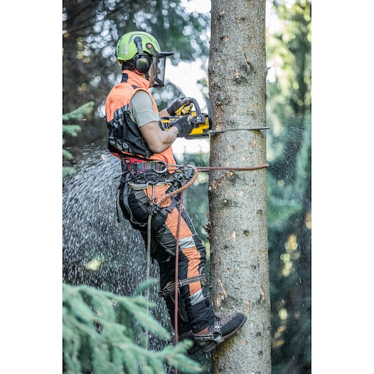 A person wearing safety equipment, including a helmet, ear protection, and harness, uses a DEWALT chainsaw to cut a tree