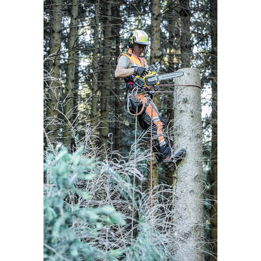 A person wearing safety equipment operates a DEWALT cordless chainsaw while standing on a tree trunk in a forest. The