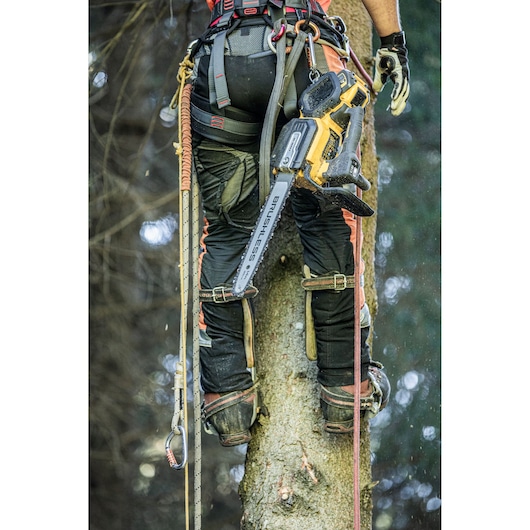 Person climbing tree with DEWALT cordless chainsaw and safety harness, chainsaw attached to belt.