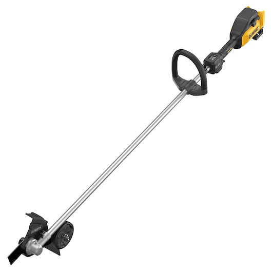 Cordless DEWALT edger with long handle, black and yellow, blade and wheel for lawn edging.