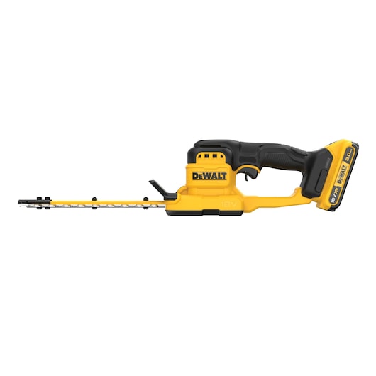 A DEWALT cordless hedge trimmer with yellow and black design, featuring an 18V battery and ergonomic handle.