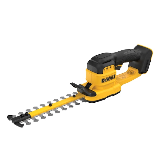 A DEWALT cordless hedge trimmer with a yellow and black body, ergonomic handle, and dual-action blade, designed for cutting and shaping hedges.