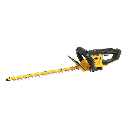 Yellow and black cordless hedge trimmer with DEWALT branding, designed for garden trimming tasks.