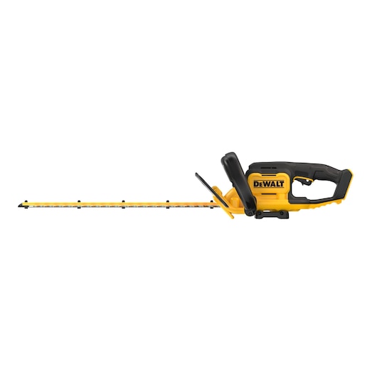 DEWALT cordless hedge trimmer with yellow and black design, shown on a white background.