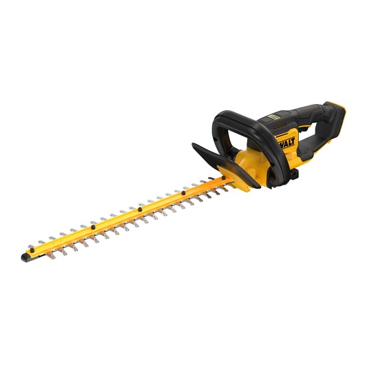 DEWALT cordless hedge trimmer with a yellow and black body, featuring a long dual-action blade.