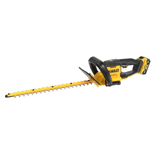 Yellow and black DEWALT cordless hedge trimmer with long blade and ergonomic handle.