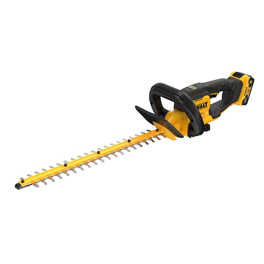 DEWALT cordless hedge trimmer with black and yellow design and visible battery pack.