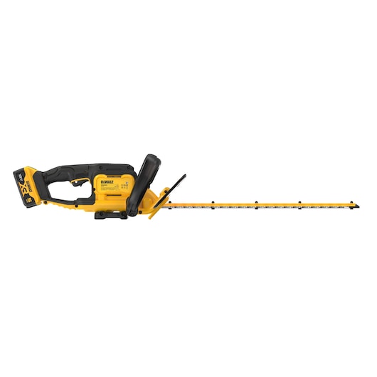 Yellow and black DEWALT cordless hedge trimmer with a long blade and ergonomic handle, shown on a white background.