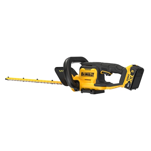 DEWALT cordless hedge trimmer with a yellow and black body and battery attached.