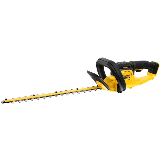 A DEWALT cordless hedge trimmer with a yellow and black design, featuring a long blade and ergonomic handle.