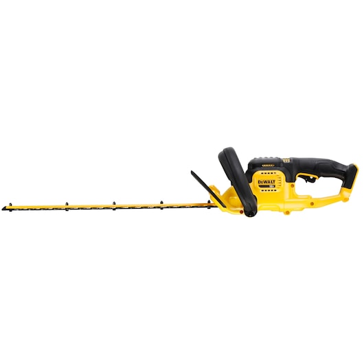 A yellow and black DEWALT cordless hedge trimmer with a long blade and ergonomic handle, shown on a white background.