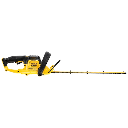 A DEWALT cordless hedge trimmer with yellow and black design, featuring a long blade and ergonomic handles.