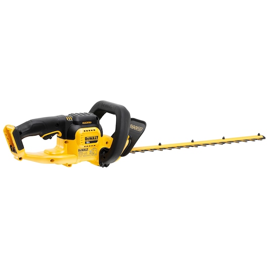 A yellow and black DEWALT cordless hedge trimmer with a long blade and ergonomic handle, model DCMHT563N.