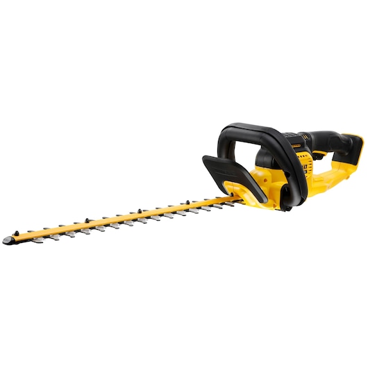 A yellow and black DEWALT cordless hedge trimmer with a long blade and ergonomic handle, shown on a white background.