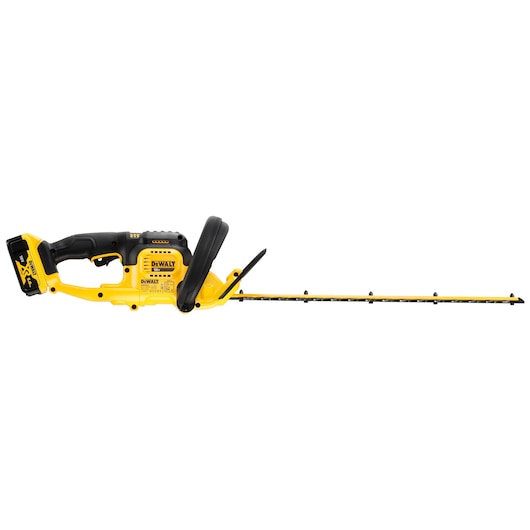 Yellow and black DEWALT cordless hedge trimmer with battery, long blade, and ergonomic handle.