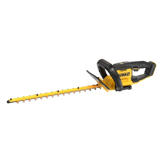 Yellow and black DEWALT cordless hedge trimmer with ergonomic handle and long cutting blade.