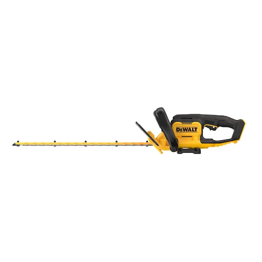 DEWALT cordless hedge trimmer shown on white background with a long blade and ergonomic handle.