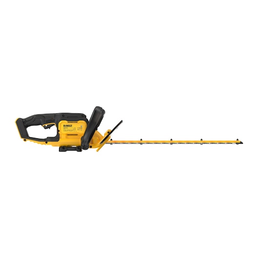 Yellow and black DEWALT cordless hedge trimmer with ergonomic handle and long blade, side view.