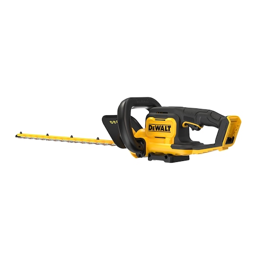 DEWALT cordless hedge trimmer with yellow and black design, long blade, and ergonomic handle.