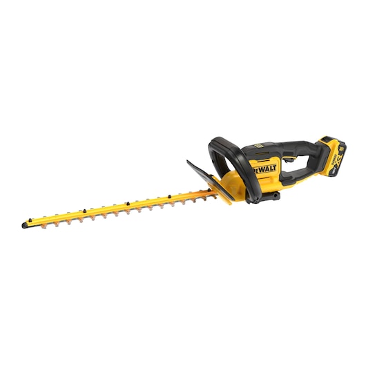 Cordless yellow and black DEWALT hedge trimmer with battery, featuring a long blade for garden trimming.